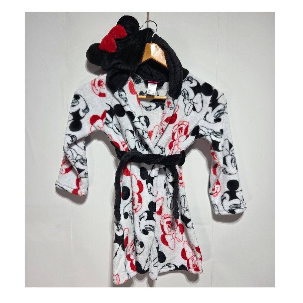 Disney Jr Minnie Mouse Girls Character Print Hooded Minky Fleece Bathrobe 4T/5T